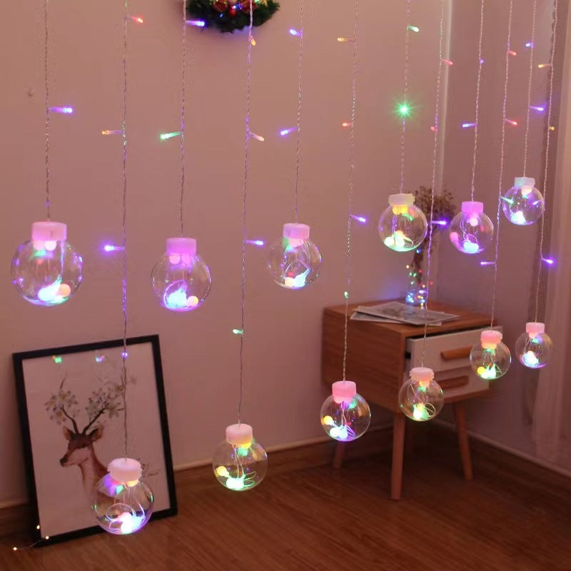 Festive LED Curtain String Lights with Hanging Star-Bell Tree and Reindeer Ornaments