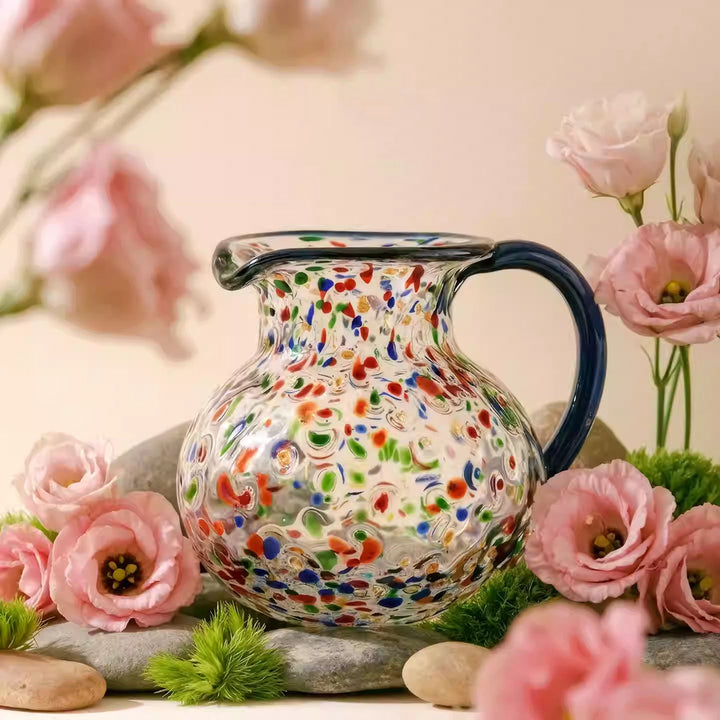 Handblown Confetti Glass Water Pitcher with Curved Handle