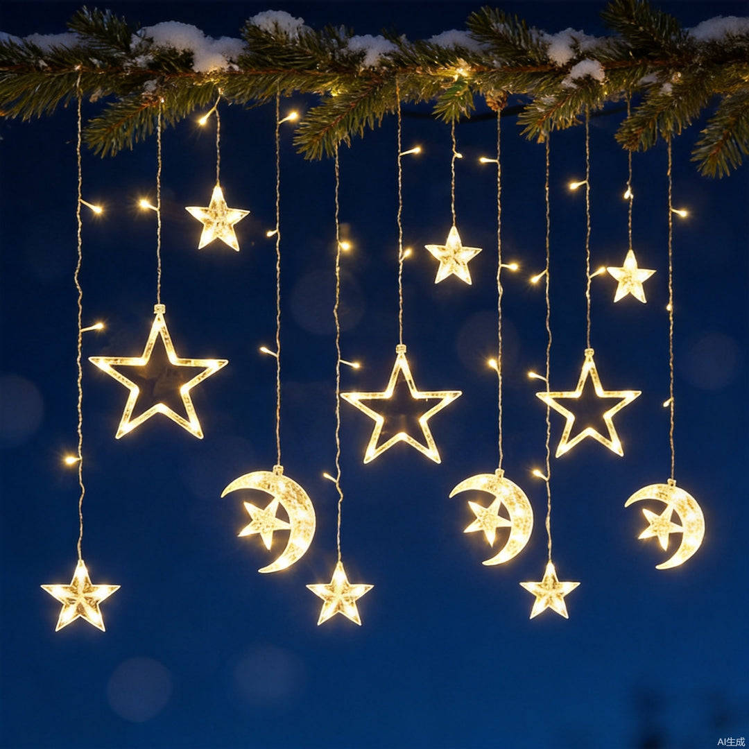 Hanging star and crescent moon LED curtain string lights for bedroom ambiance