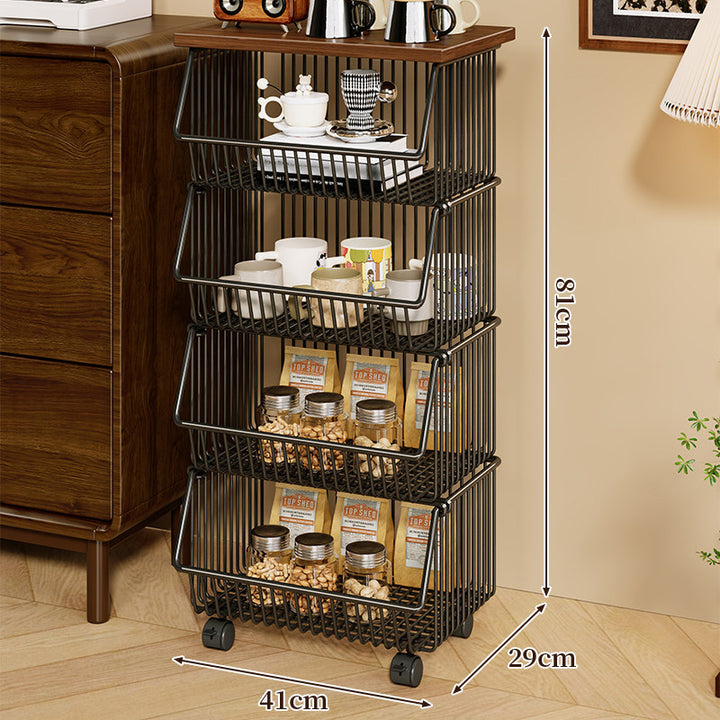 Four-Tier Industrial Wire Basket Cart with Wood Top and Swivel Locking Casters