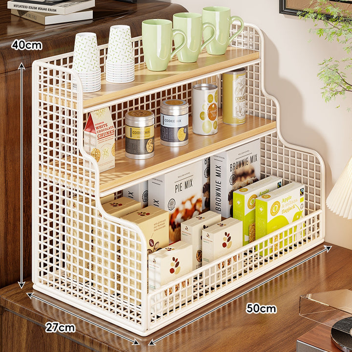 Multi-Tier Mesh Metal and Bamboo Countertop Pantry Organizer Shelf
