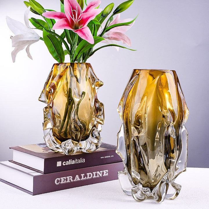Sculptural Hand-Blown Organic Textured Art Glass Vase with Melted-Edge Pedestal