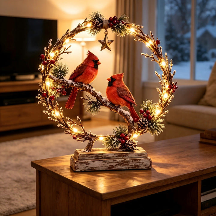 Decorative Christmas wreath with lights and birds