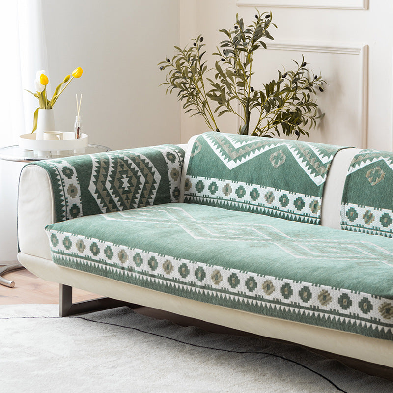 Sofa cover stretch throw with non-slip back coating and geometric ethnic pattern