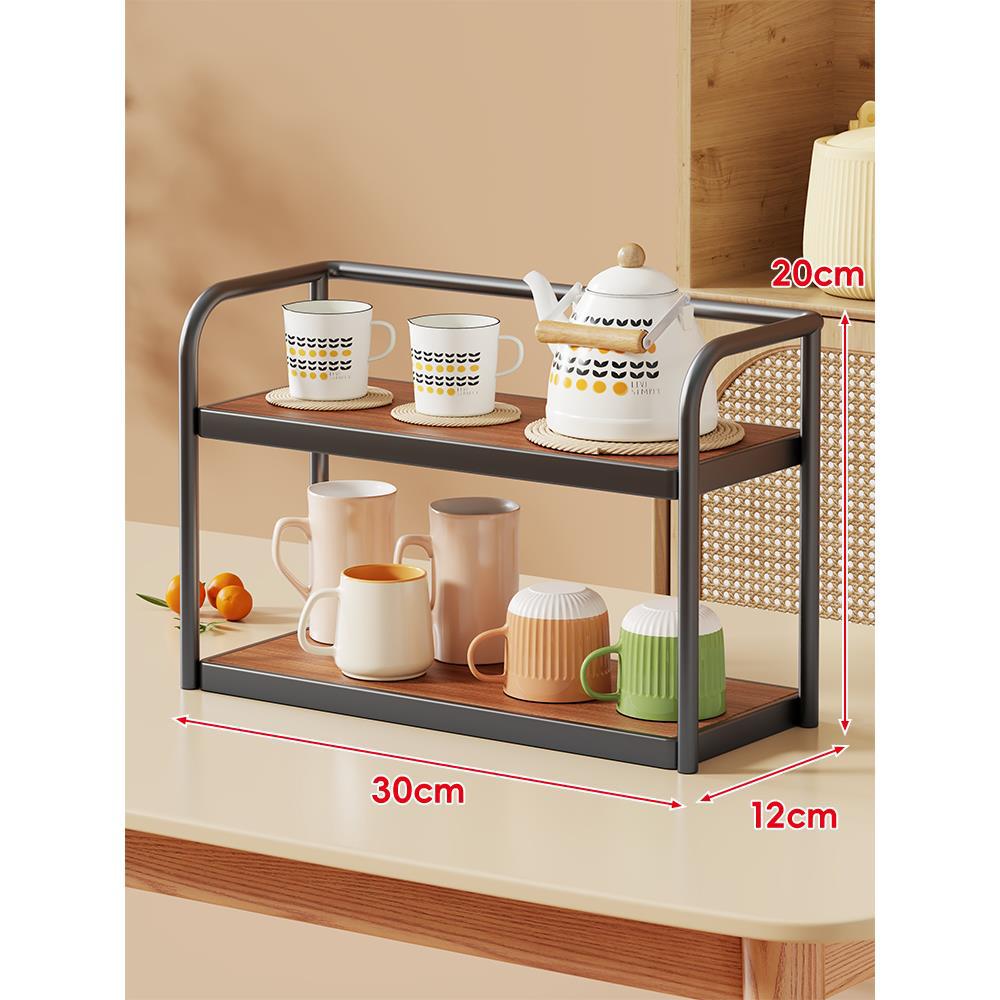 Two-Tier Compact Countertop Kitchen and Tea Station Shelf with Wood-Effect Trays