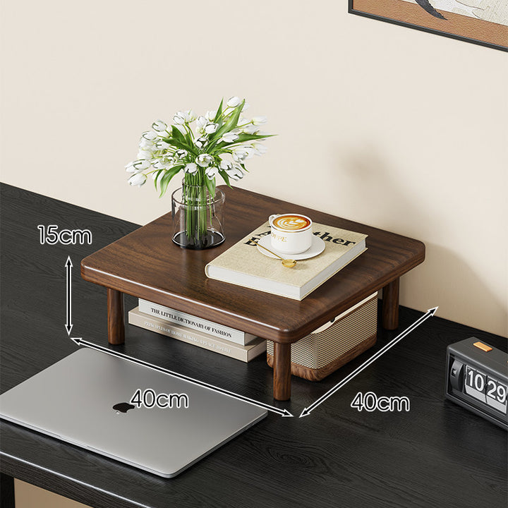 Compact Solid Wood Elevated Desk Display Stand with Under-Shelf Storage and Rounded Leg Design