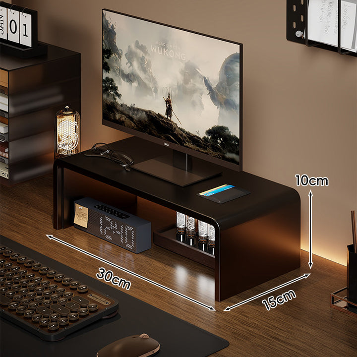 Low-Profile Curved Desktop Monitor Platform with Integrated Under-Shelf Organizer and Ambient Backlight