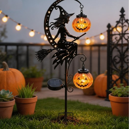 Outdoor Solar Halloween Garden Stake with Witch Silhouette and Hanging Pumpkin Lanterns