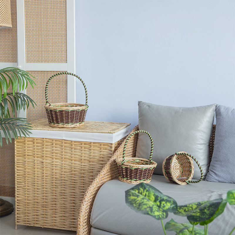 Braided storage basket with decorative cotton handles