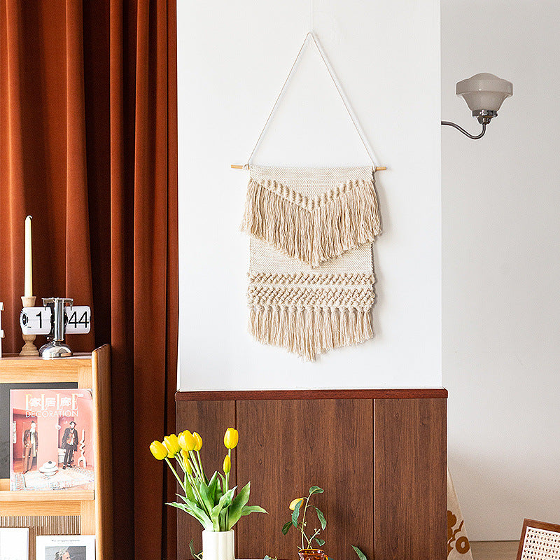 Woven Boho wall tapestry with macrame fringes and handcrafted textured relief