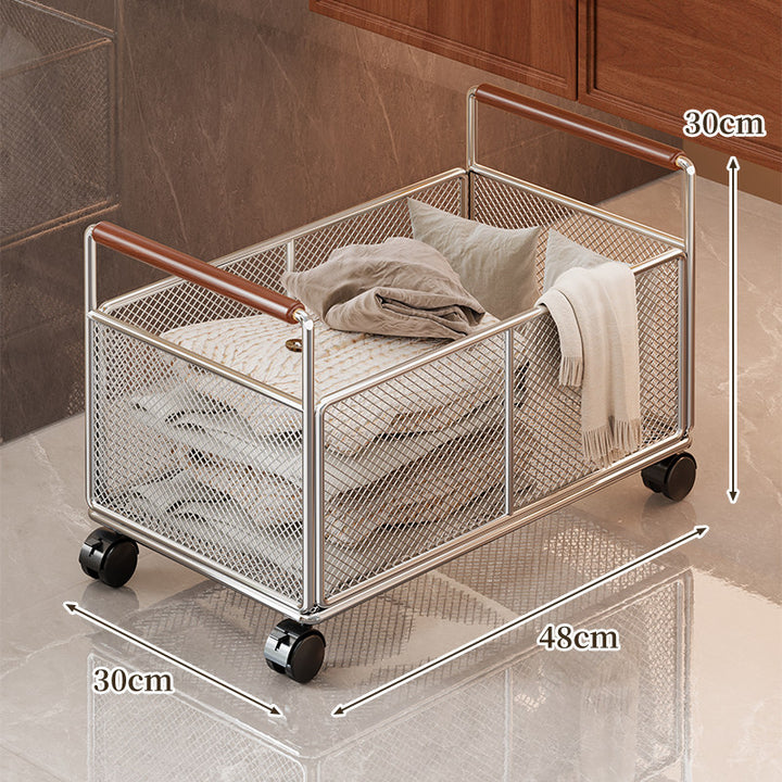Rustproof Metal Mesh Storage Basket with Wooden Grip Handles