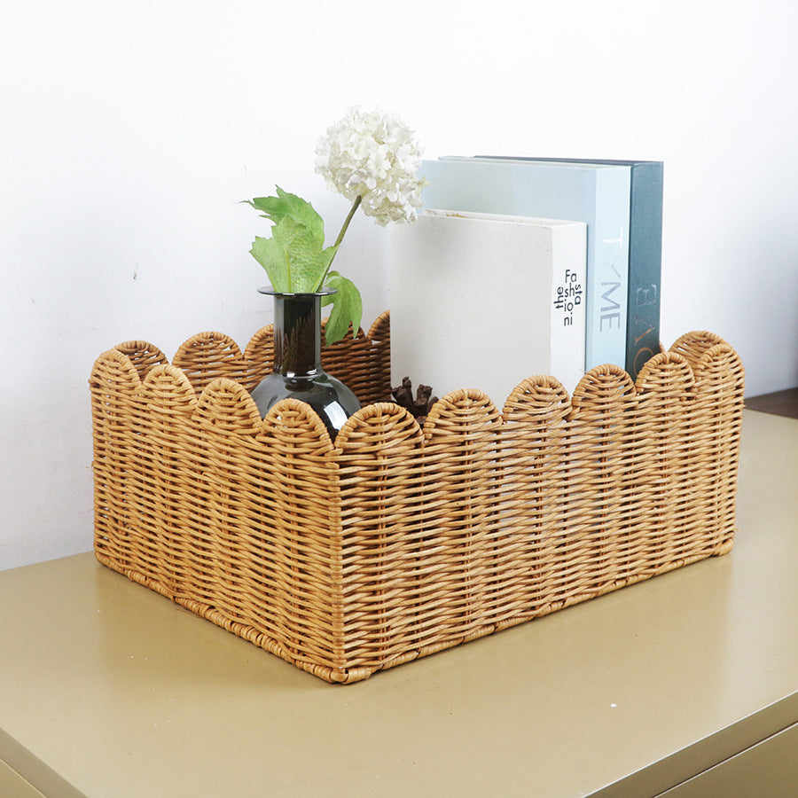 Handcrafted storage basket with curved edge