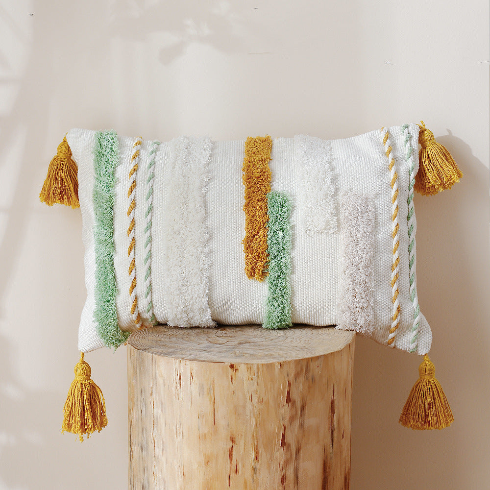 Decorative cotton cushion with hand-tufted relief and decorative tassels