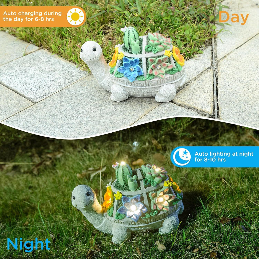 Solar-powered garden gnome sculpture with integrated LED fairy lights and turtle pot