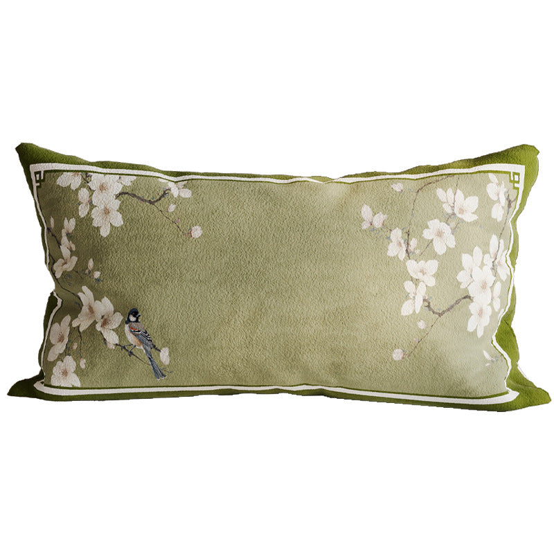 Decorative Rectangular Linen-Blend Lumbar Pillow Cover with Oriental Bird and Blossom Print and Contrast Velvet Border