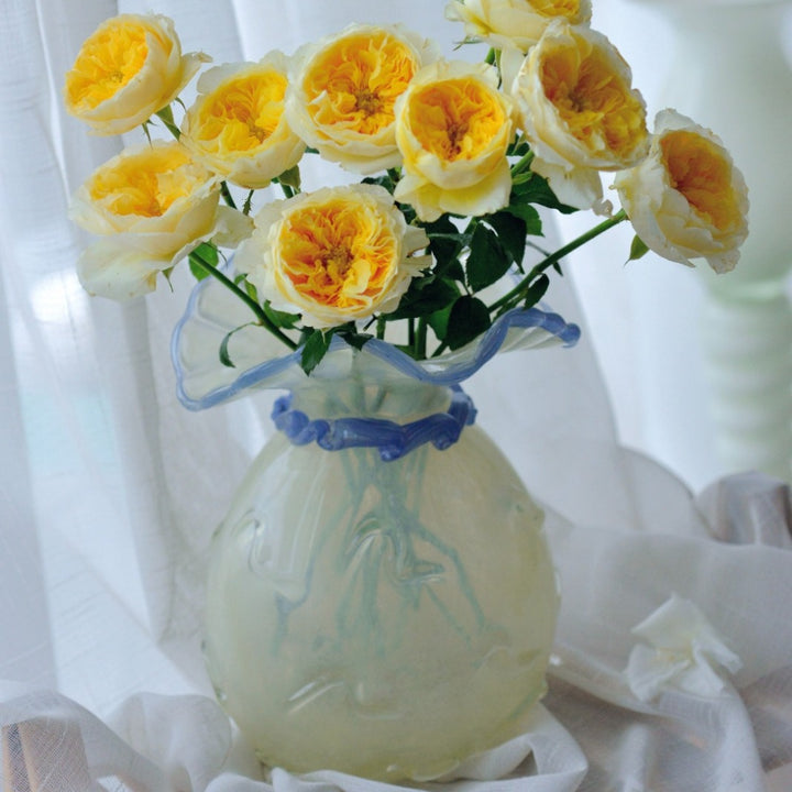 Ruffled-Rim Hand-Blown Decorative Glass Vase with Twisted Neck Accent