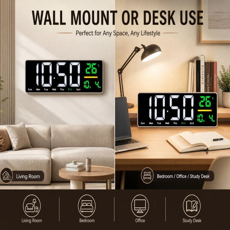 Digital wall clock with temperature and calendar display