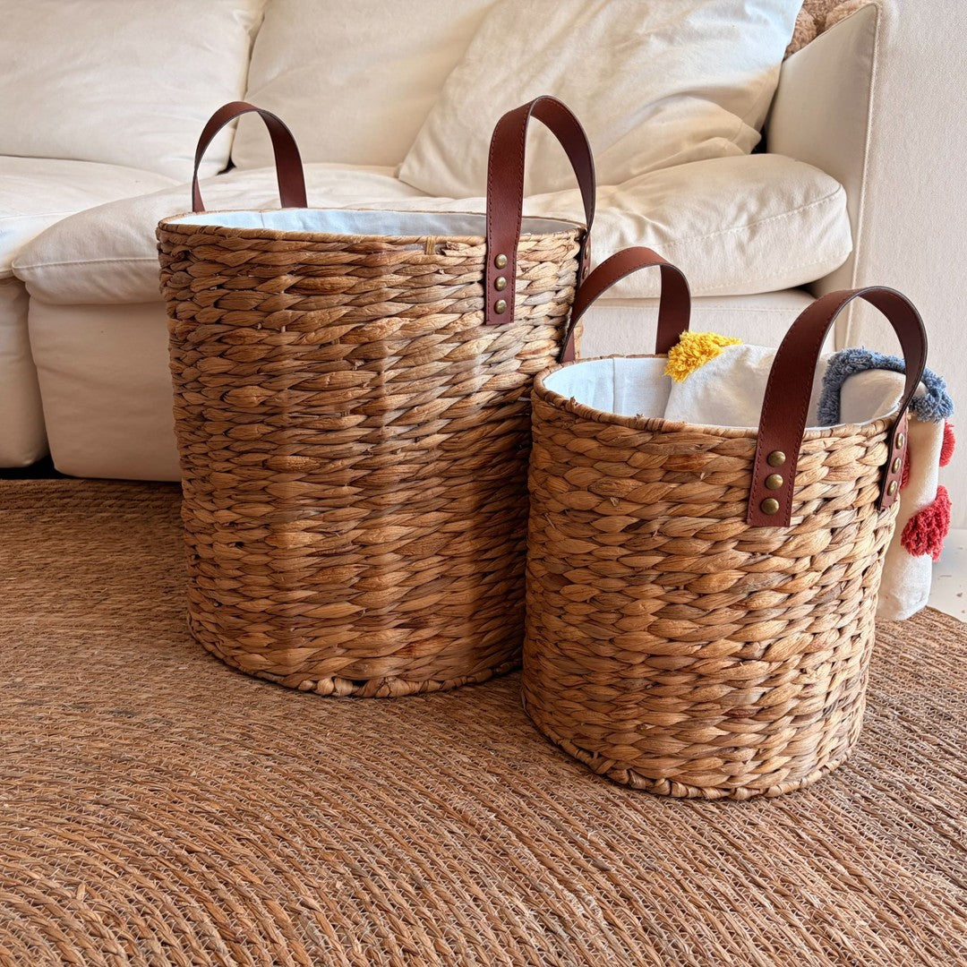 Braided storage basket with leather handles