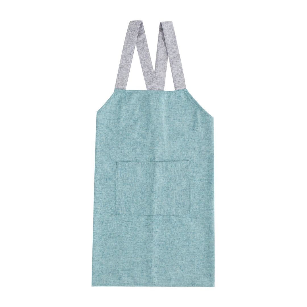 Adjustable canvas apron with wide contrast straps and applied front pocket