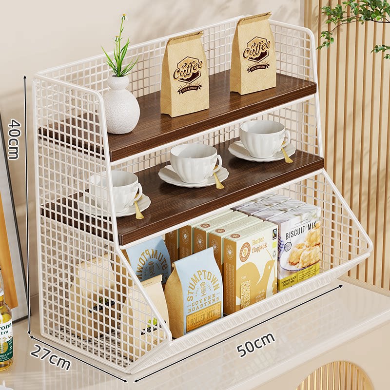 Kitchen Countertop Multi-Tier Wire Mesh Storage Organizer with Wooden Display Shelves