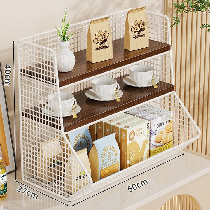 Kitchen Countertop Multi-Tier Wire Mesh Storage Organizer with Wooden Display Shelves