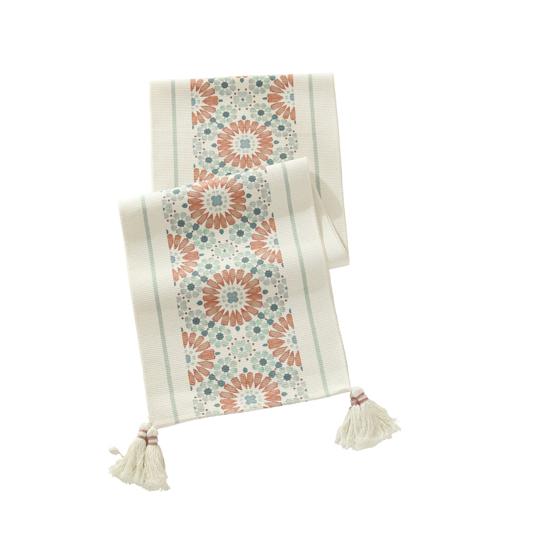 Handwoven decorative table runner with Ikat jacquard and tassels