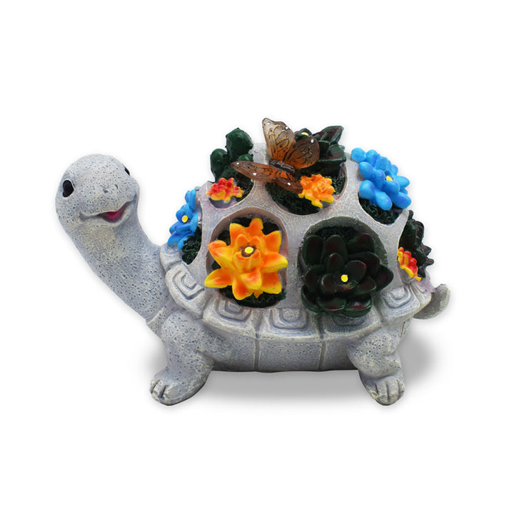 Solar-powered garden gnome sculpture with integrated LED fairy lights and turtle pot