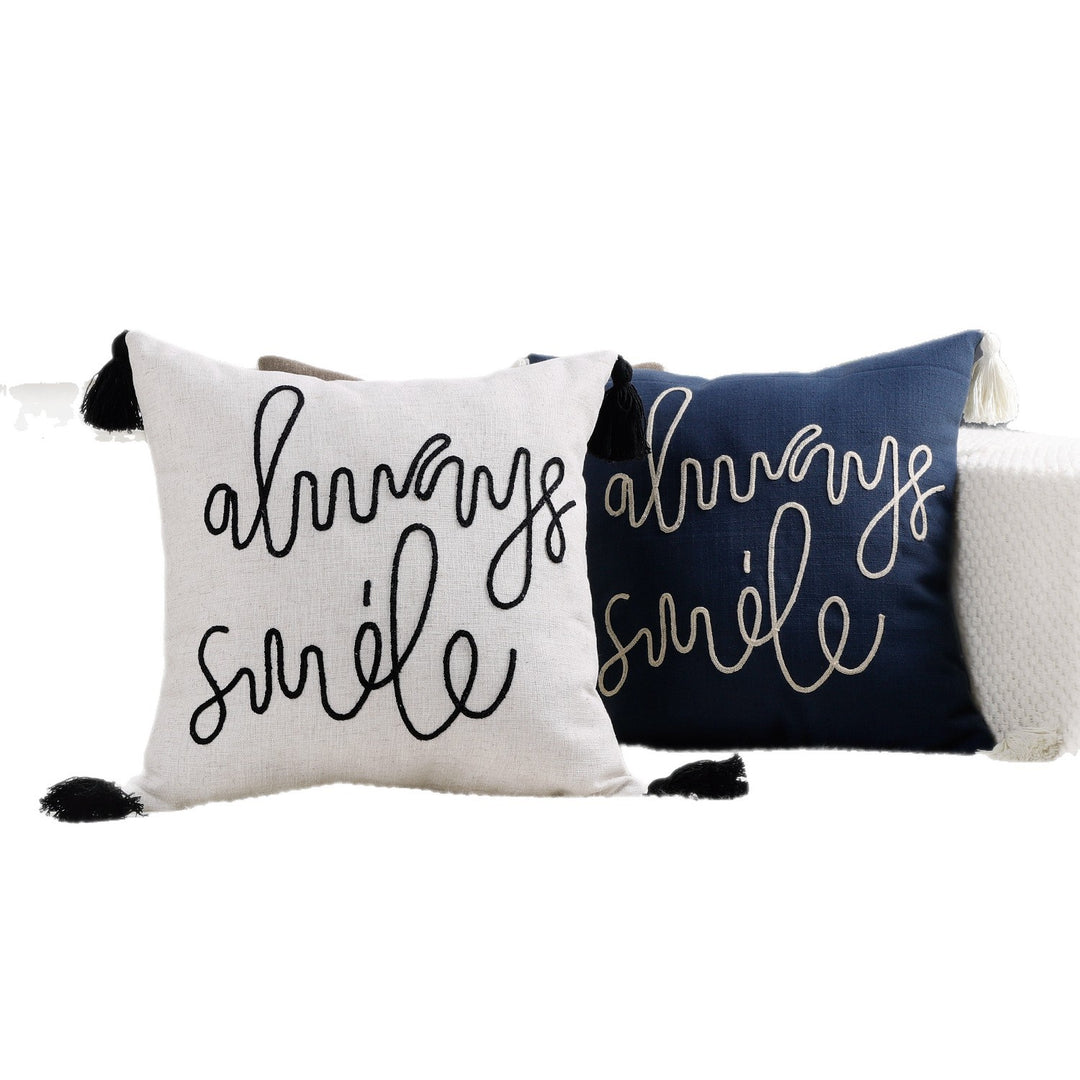 Square Linen-Blend Rope Embroidered Tassel Accent Pillow Cover