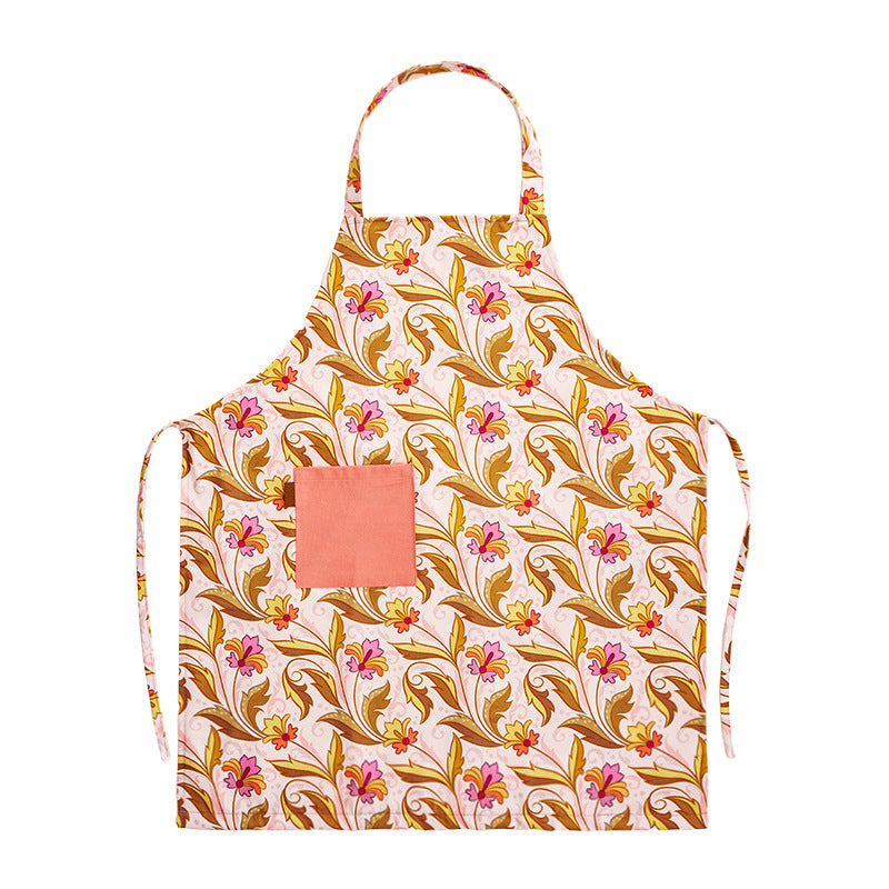 Cotton apron with floral pattern, adjustable neck strap and front pocket