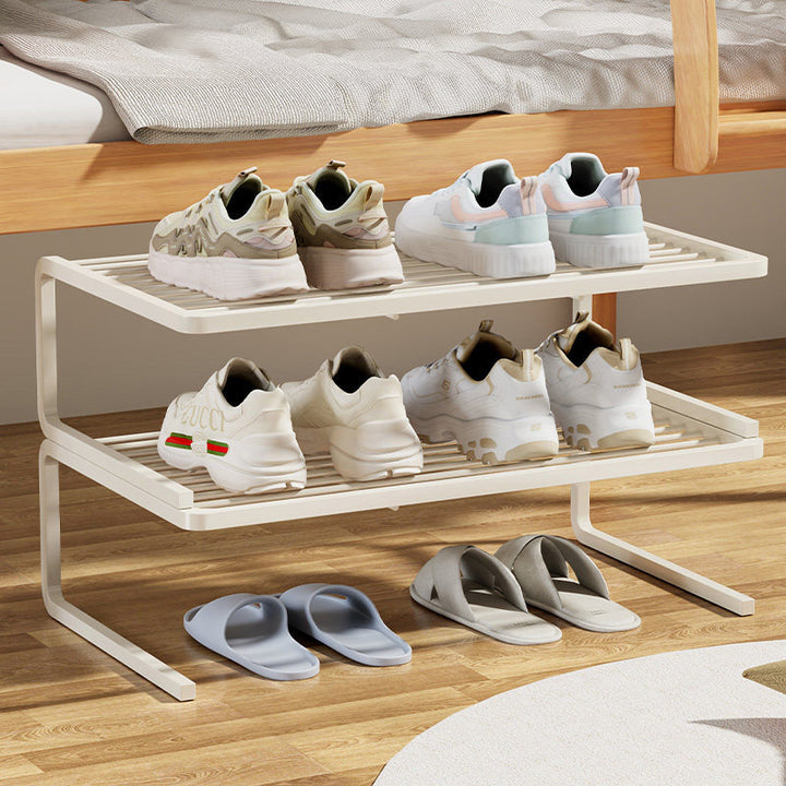 Compact Two-Level Slatted Under-Bed Shoe Organizer Rack