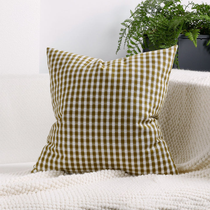 Gingham Check Cotton-Linen Square Throw Pillow Cover with Hidden Zipper