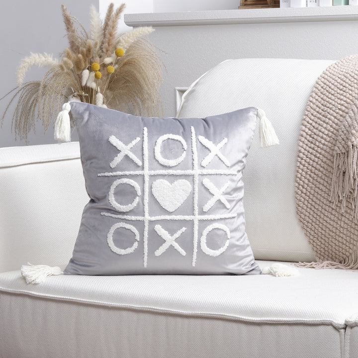 Square Decorative Pillow Cover with Fuzzy Heart Appliqué and Tassel Corners