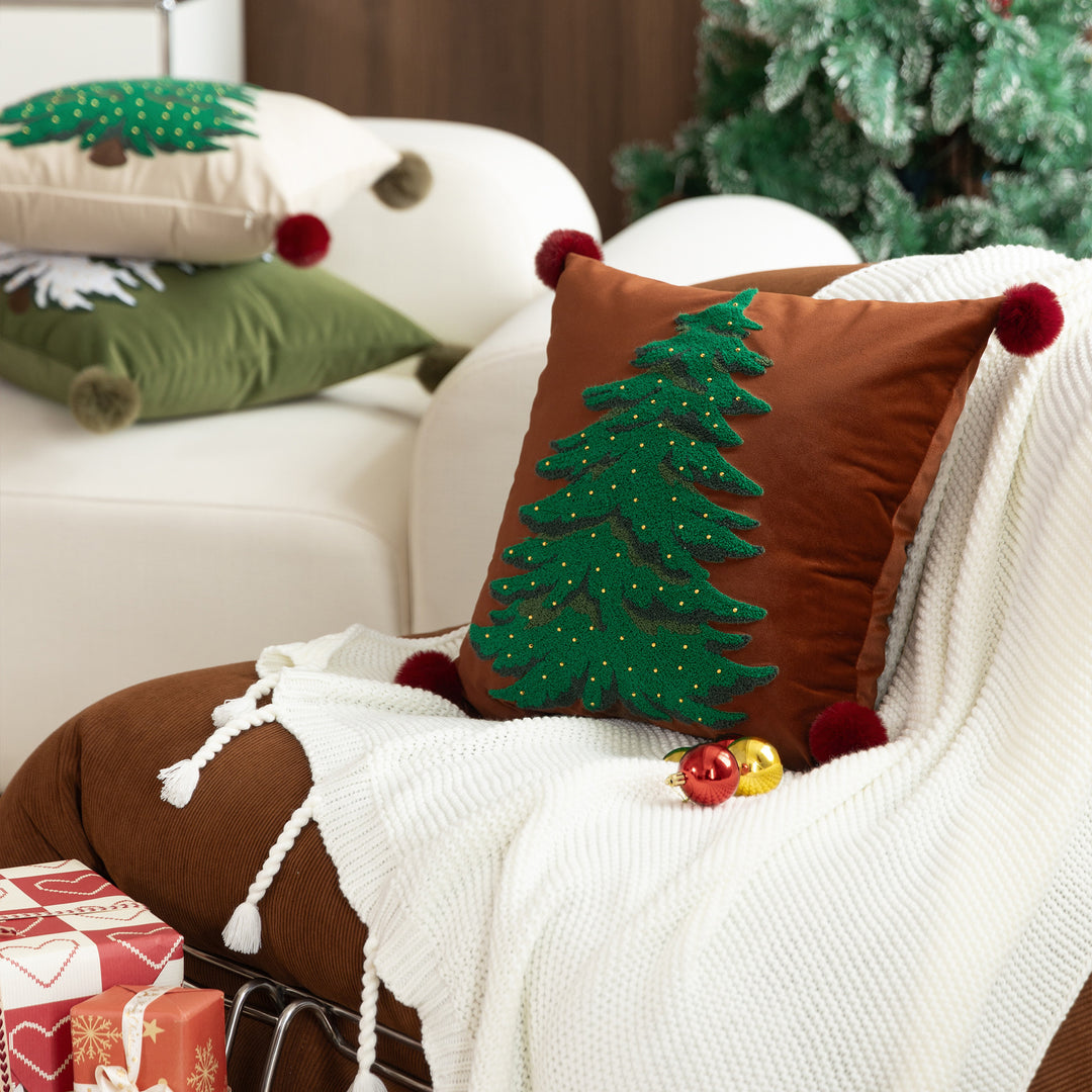 Decorative velvet cushion cover with hand-tufted Christmas tree, pompom corners and bead application