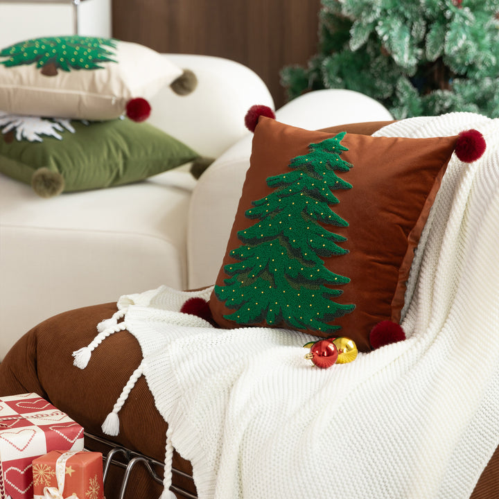 Decorative velvet cushion cover with hand-tufted Christmas tree, pompom corners and bead application