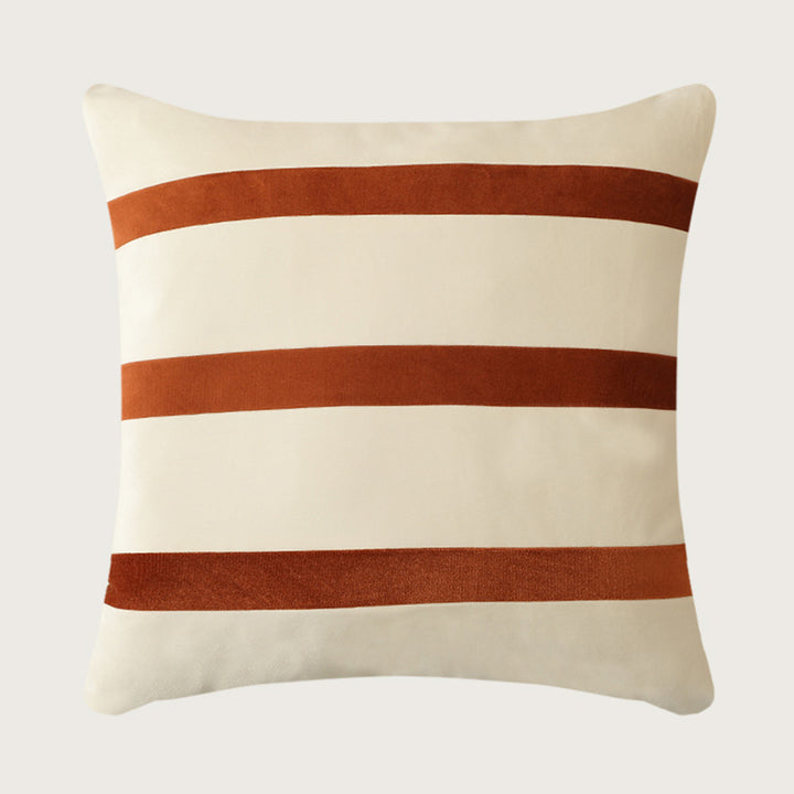 Square velvet decorative cushion with contrasting stripes and hidden zipper