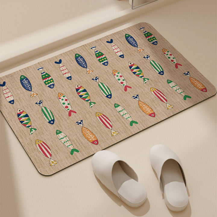 Absorbent Low-Profile Jute-Texture Fish Pattern Entrance & Bath Mat