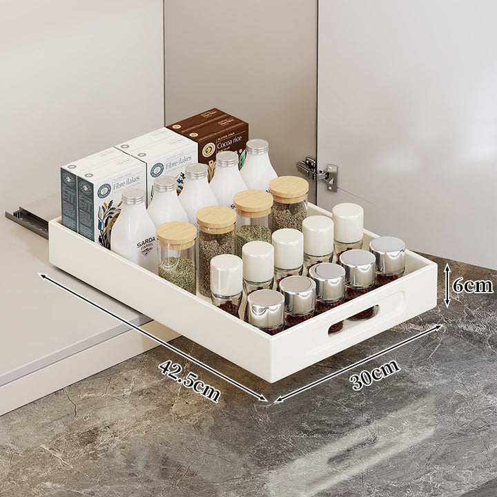 Slide-Out Cabinet Drawer Organizer Tray with Cutout Handle and Low-Profile Design