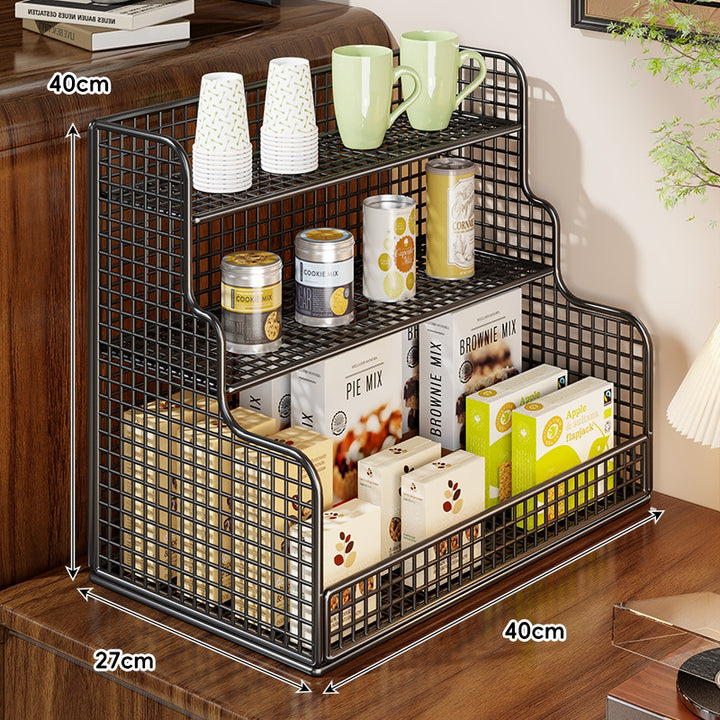 Multi-Tier Mesh Metal and Bamboo Countertop Pantry Organizer Shelf