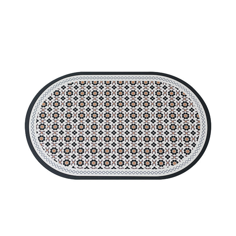 Oval non-slip vinyl mat with fine mosaic print and water-repellent surface