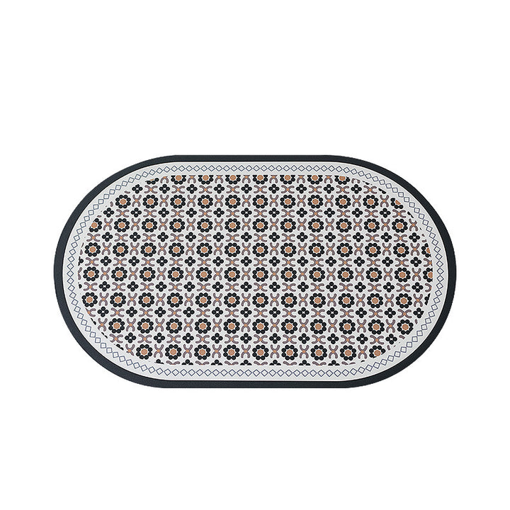 Oval non-slip vinyl mat with fine mosaic print and water-repellent surface