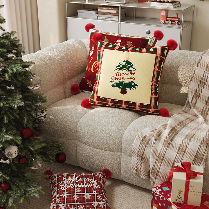 Festive Plaid Pom-Pom Corner Decorative Christmas Throw Pillow Cover
