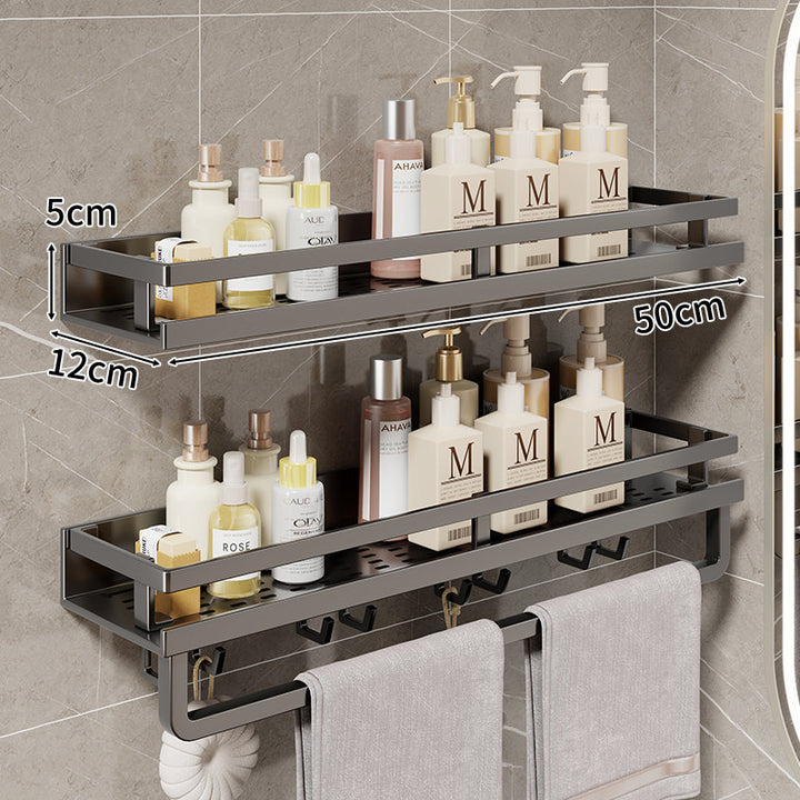 Compact Wall-Mounted Bathroom Shelf with Integrated Towel Rail and Multi-Hook Metal Organizer