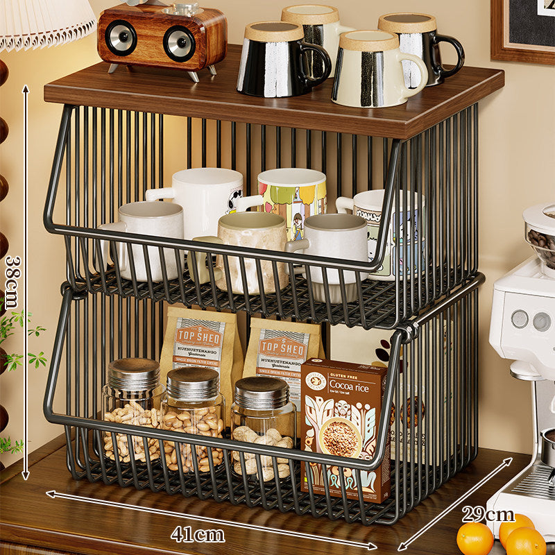 Four-Tier Industrial Wire Basket Cart with Wood Top and Swivel Locking Casters