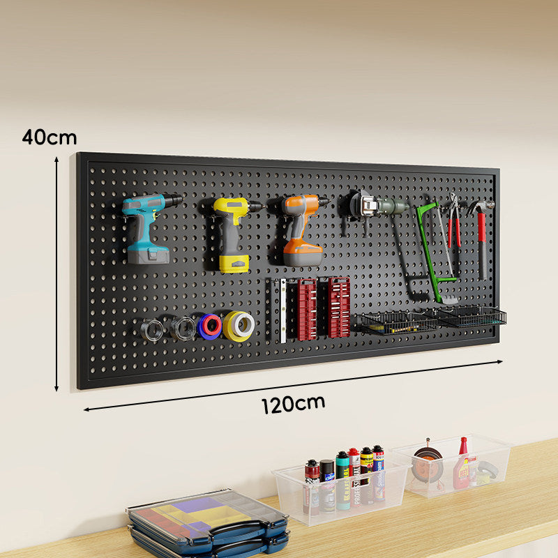 Heavy-Duty Wall-Mounted Perforated Steel Pegboard Tool Organizer with Modular Hooks and Shelf