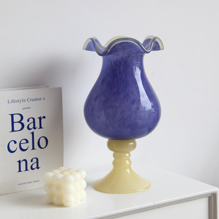 Tall Hand-Blown Fluted Glass Vase with Ruffled Rim & Rounded Pedestal Base