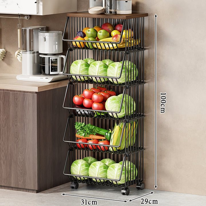 Slim Five-Tier Rolling Metal Kitchen Pantry Storage Rack with Wire Baskets