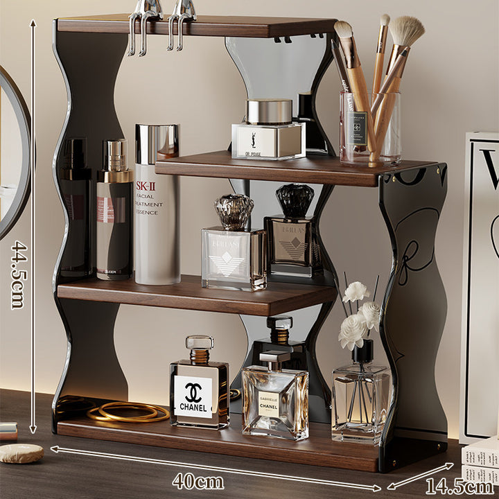 Acrylic Wave-Side Three-Tier Countertop Cosmetic Organizer with Wood Shelves