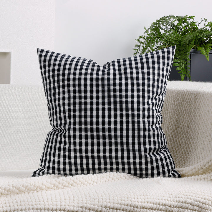 Gingham Check Cotton-Linen Square Throw Pillow Cover with Hidden Zipper