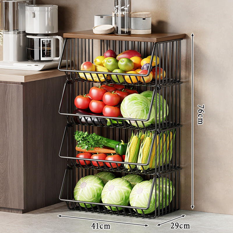 Multi-Tier Rolling Kitchen Fruit and Vegetable Storage Cart with Wood Top