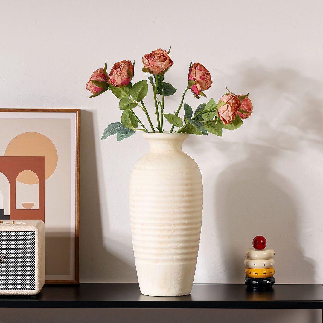 Handcrafted ceramic vase with ribbed structure